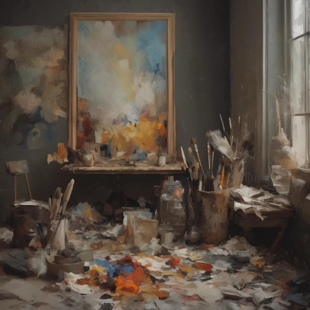 Απέραντο εργαστήριο ζωγραφικής με καμβά, πινέλα και ζωγραφιές, εμπνέει την τέχνη και την εκπαίδευση.