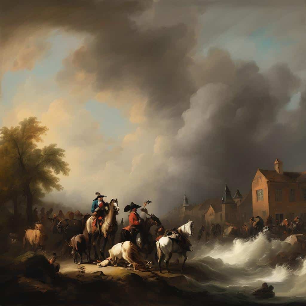 Καλλιτεχνική αναπαράσταση ιστορικής μάχης με άλογα και σύννεφα καπνού, εμπνευσμένη από την τέχνη και την παιδεία.