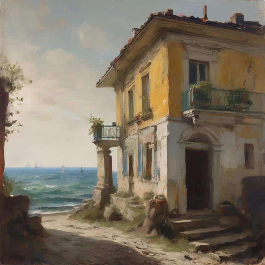 Παραλία με παλιά κτίρια και μπλε μπαλκόνια απέναντι στη θάλασσα.