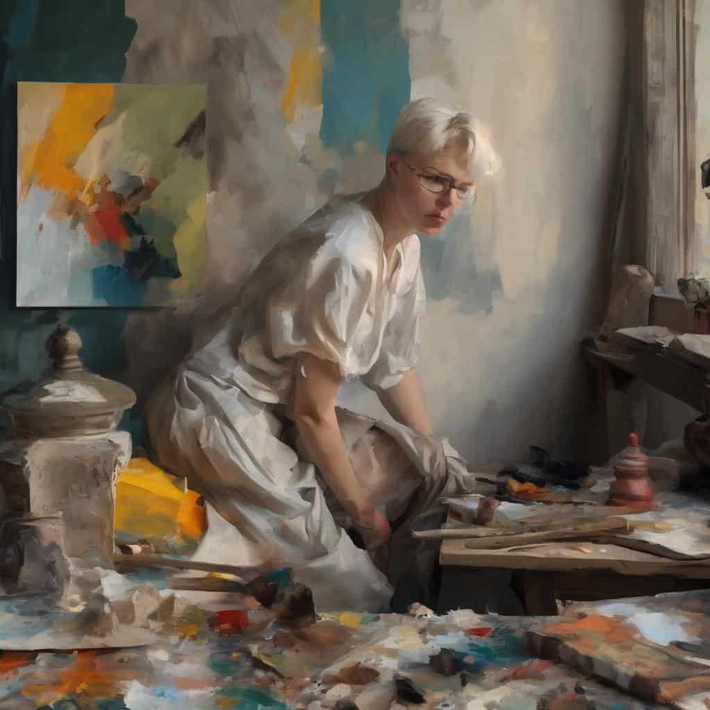 Καλλιτέχνης που δημιουργεί έργο τέχνης στο εργαστήρι ζωγραφικής, εμπνευσμένη εκπαίδευση και τέχνη.