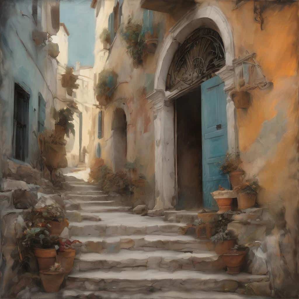 Μοναδικό τοπίο σε παραδοσιακό ελληνικό χωριό με πέτρινα σκαλοπάτια και εικόνες τέχνης και παιδείας.